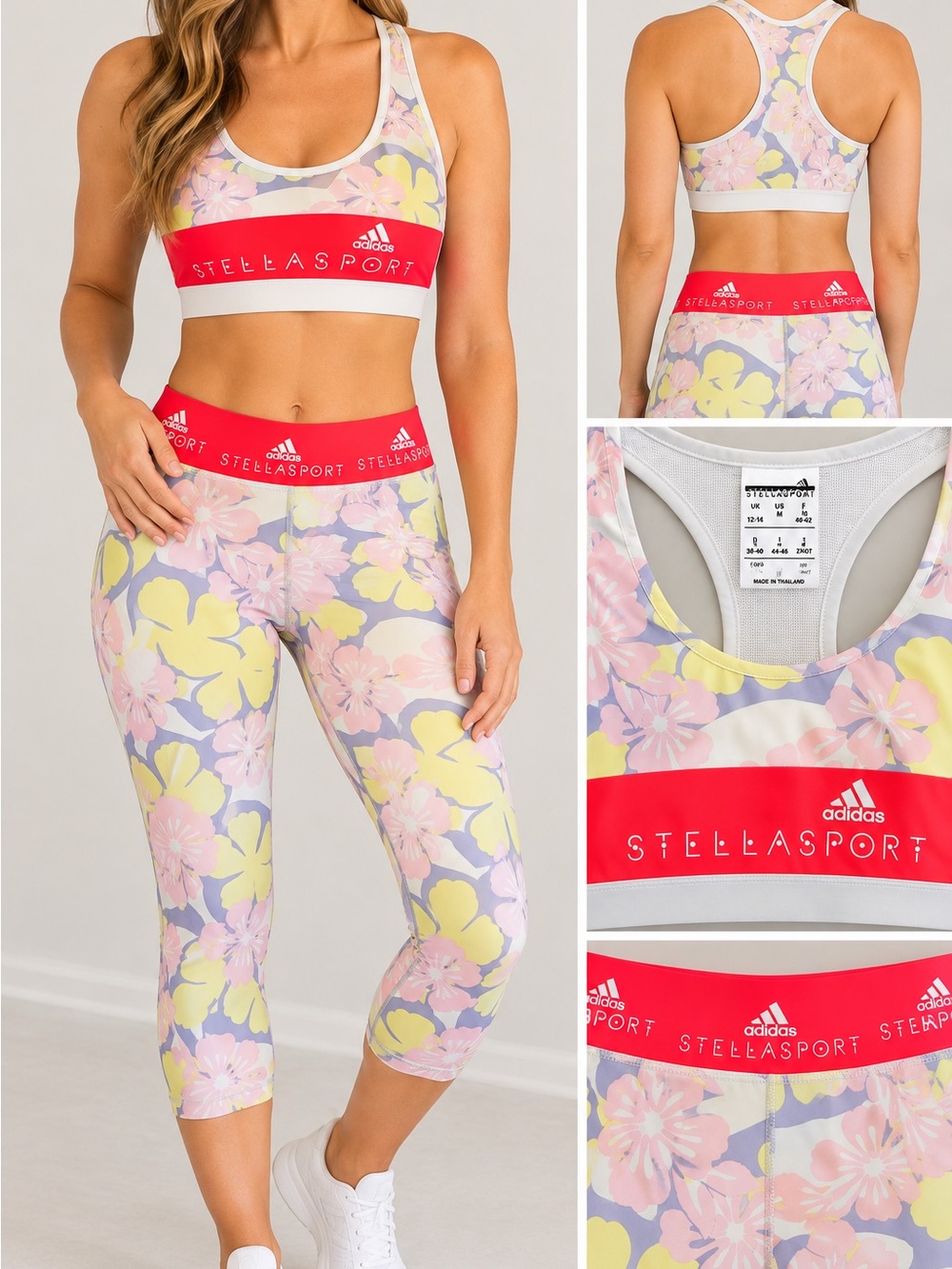 adidas StellaSport Floral Racerback Sports Bra & Capris - Pink, Yellow, Gray